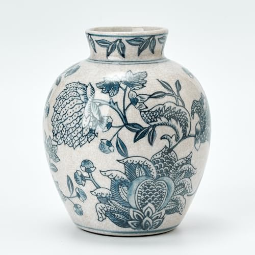 Porcer Blaue und weiße Vintage-Vase, 16 cm, Keramik, Chinoiserie mit Blumenmuster, Retro-Eisrissige blaue und weiße Porzellanvase für Tisch, Wohnzimmer, Badezimmer, Hochzeit, Regal-Dekoration