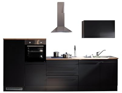 JAZZ 4 Küchenzeile mit Küchengeräten Küche in Schwarz matt, Lanzelot Eiche | 320 x 200 x 60 cm (B/H/T), Küche mit Elektrogeräten, Einbauküche mit Geräten, geräumig, mit viel Stauraum, modernes Design