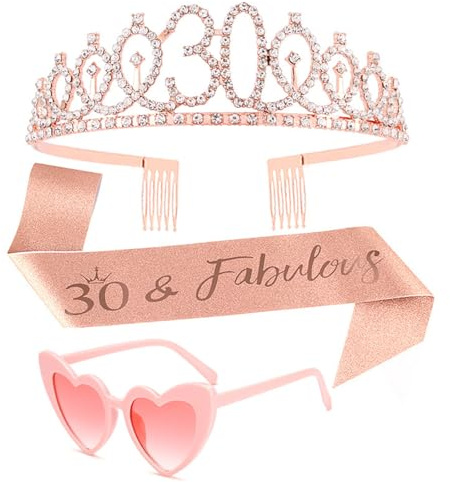 30. Geburtstag Frauen, 30 Geburtstag Frauen Deko, Rosegold 30geburtstags-Krone Schärpe Set, Contains A Pink Heart-Shaped Pair Of Glasses, Ideale Geschenk für Friend, Colleague, Wife, Girlfriend