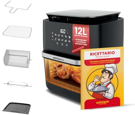 Wintem - TurboFry Friggitrice ad Aria XXL 12L con Display Touch, 10 Programmi, Accessori Inclusi e Ricettario per Cottura Senza Olio, Ideale per Grigliare, Arrostire e Cuocere in Modo Sano