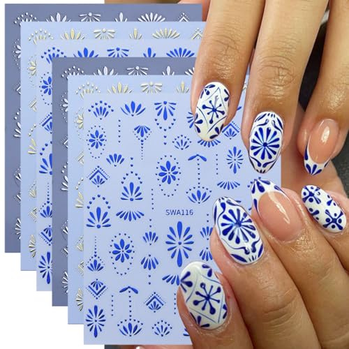 Auiremrti 6 Sheets Bohemian Style Nail Stickers for Nail Art, Blue Nail Art Stickers, 3D Self-Adhesive, Nail Decoration, Retro Blue Nail Decals, Summer Nails