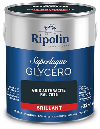 RIPOLIN Boiseries et Structures Métalliques Gris Anthracite Ral 7016 2 L | Tendu, Résistance Accrue, Très Lessivable, Résistance aux Taches, Finition Brillante, Intérieur/Extérieur, Brillant