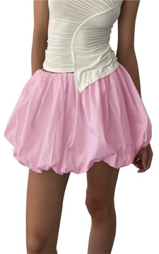 LYXYGMV Gonna Corta a Palloncino Tinta Unita, Stile Dolce for Ragazze, con Vita Elastica, vestibilità Ampia e Casual da Donna per Un Look Casual Quotidiano(Pink,S)