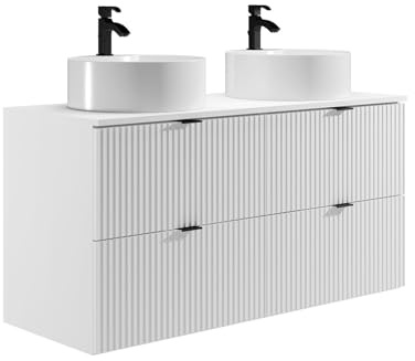 Vente-unique ZEVINI - Mueble de baÒo suspendido Estriado con Lavabo Redondo - Blanco Mate - 120 cm
