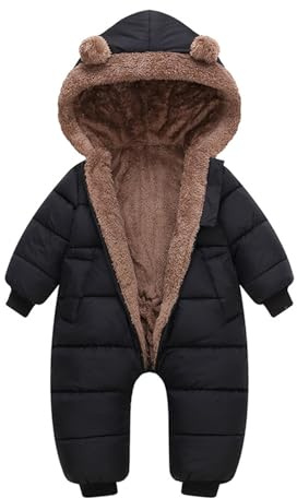 Generisch Traje de nieve para bebé y niña, traje de invierno con capucha, mono con capucha, traje de oso, abrigo cálido para bebés, Negro , 18-24 meses