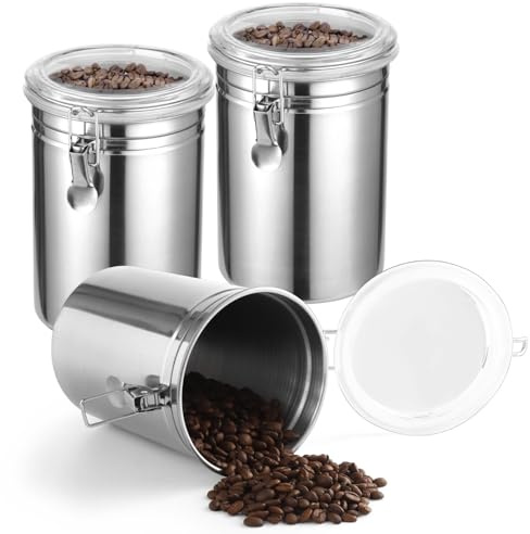 SWEWARM 3 PCS Stainless Steel Kitchen Canisters, 62 oz Airtight Metal Food Storage Containers with Clear Clamp Lids, Coffee Bean Tea Sugar Flour Canister Set for Kitchen Pantry Counter Shelf