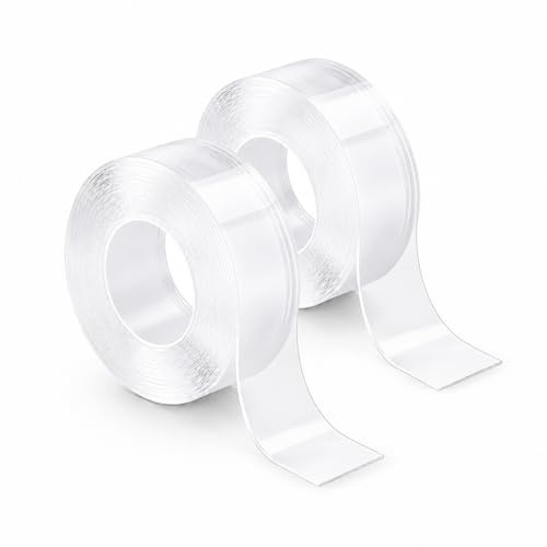 2PCS Ruban Adhésif Réutilisable, 3cm×5m, Adhesif Double Face Extra Fort Réutilisable Lavable Transparent Multifonction Double Face Extra Fort Sans Traces Pour Fixation Murale Cuisine Bureau Salle