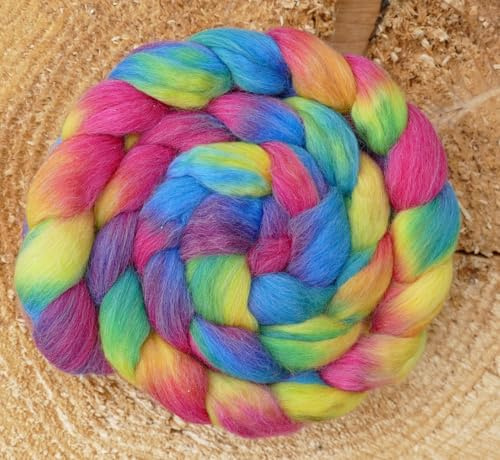Merino Kammzug Wolle zum filzen, spinnen, weben, Merinowolle regenbogen handgefärbt, mulesingfrei, Märchenwolle, Bastelwolle, 100g (Rainbow)