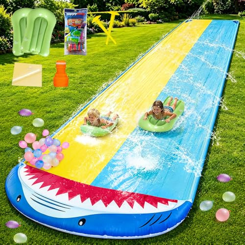 KUWUNG Double Wasserrutsche, 15.7ft x 55.1in Rutschbahn Outdoor Wasser mit 2 Bodyboards, Wassersprüher, Wasserbomben, Inflatable Water Slide für Garten und Außen-Wasserspaß