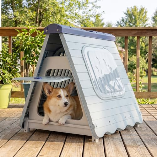 COSTWAY Hundehütte Outdoor, Hundehaus klappbar aus Kunststoff, Hundehöhle tragbar mit abschließbarer Klappe, belüftete Fenster, für kleine & mittelgroße Hunde, 72 x 60 x 68 cm (Blau)