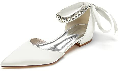 Yhsdfcn Satin Ballerinaskor med Rhinestones för Damer Spetsig Tå Ankelrem Bandrosett Bröllopsskor Brud Festmode,A ivory,EU36