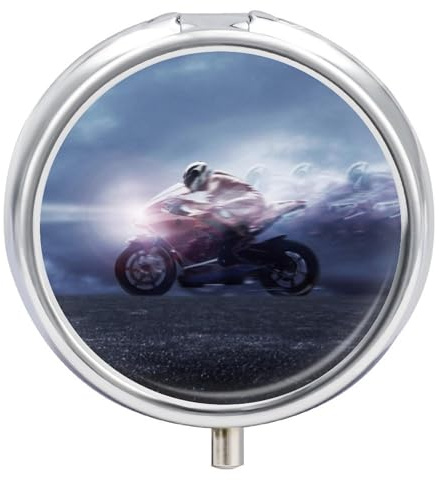 Man Ride A Motorcycle – Pilulier rond portable à 3 compartiments, exquis pilulier en métal avec fermeture à pression, boîte de rangement pour tablette, sac à main, poche, voyage et usage quotidien