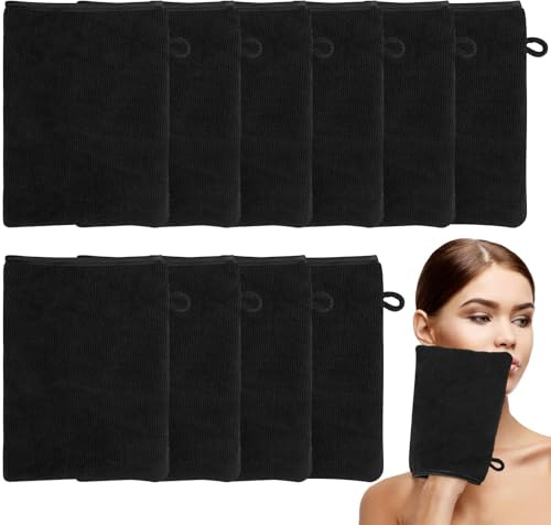 Qichan Lot de 10 gants pour le visage, 15 x 21 cm, gants de toilette en fibre de bambou doux pour le corps et le visage, gants démaquillants réutilisables, en microfibre noire pour bain et spa