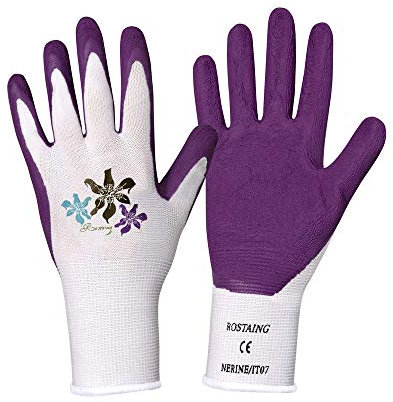 ROSTAING Guantes Nerine - Par de Guantes de Látex de Protección Multiusos - Protección Ideal para Trabajos de Bricolaje y Jardinería en Entornos Húmedos - Guantes de Plantación - Morados y Blancos