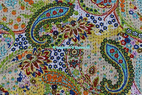 Sophia-Art Couvre-lit Kantha Indien Fait Main en Coton - Motif Cachemire, Couverture pour Lit King/Twin, Canapé - Bohème (Beige2, King 90 * 108 Pouces)