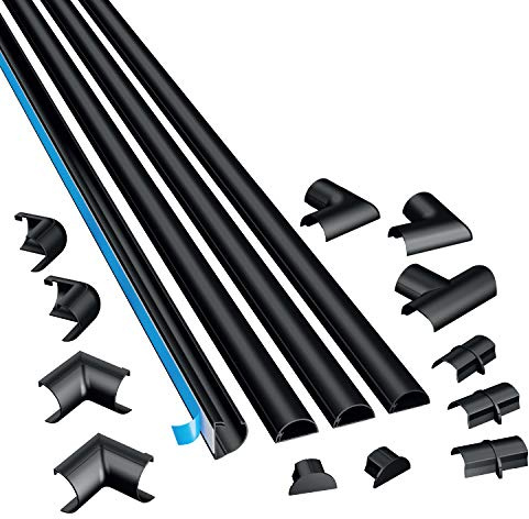 D-Line Canalina Passacavi 20x10mm Multipack 4m, Profilo Semicircolare, Copricavi Autoadesivo, Gestione Cavi Verniciabile - 4x 20mm (L) x 10mm (H) x 1 Metro Lunghezze con Accessori - Nero