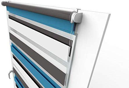 Aloha Doppelrollo Zebrarollo Duo Rollo Sonnenschutzrollo Klemmrollo Fensterrollo Sichtschutz Klemmfix ohne Bohren für Fenster & Türen (Trio: Grau-Blau-Weiß / 95x150cm / Breite x Höhe)