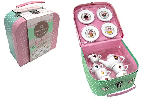 ODS-44022 ODS Maisonelle Set da tè in Ceramica 13 Pezzi, 4 piattini, 4 Tazze, zuccheriera, Porta Latte e teiera con Coperchio. Fantastico Cestino da Viaggio, Colore Rosa, Azzurro, Bianco, media, 44022