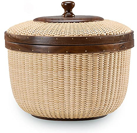 Teng Jin Nantucket round 8.5in handicraft Basket,with lid desktop organizer sewing basket Cane-on-cane weave
