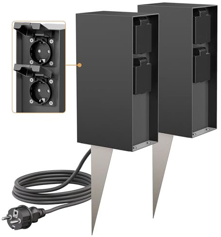 ledscom.de 2 Stück Garten-Steckdosen-Säule POMI mit Erdspieß und 2m Kabel für außen, IP44, 4-Fach, anthrazit, eckig, 23cm