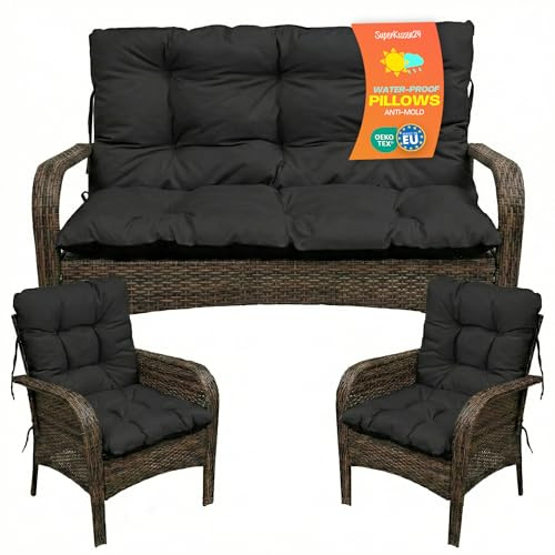 SuperKissen24. Coussin Dossier pour Banc de Jardin Canapé - 140x50 cm et Appui 140x60 cm + 2X 48x96 cm Coussin de Chaise Longue - Bain de Soleil - Intérieur/Extérieur - Imperméable - Noir