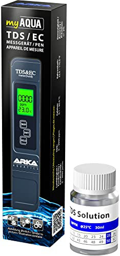 TDS EC Mikrosiemens Messgerät – ARKA myAQUA Tester 3in1 – misst Leitwert (µS/cm), TDS (ppm) & Temperatur – mit Kalibrierlösung & Batterie – ideal für Aquarium, Osmose, Trinkwasser & Hydroponik