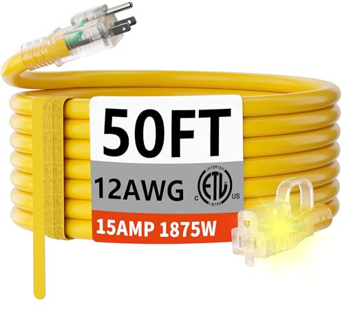 HUANCHAIN 50 FT 12/3 Gauge Heavy Duty Outdoor Extension Cord Waterproof with Lighted end, Flexible Cold-Resistant 3 Prong Electric Cord Outside, 15Amp 1875W 12AWG SJTW, Yellow, ETL
