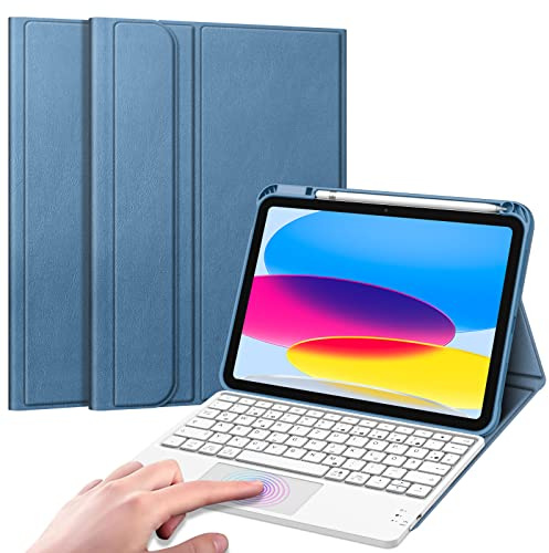 FINTIE Tastatur Hülle für iPad (A16) 11./10. Generation (11/10.9 Zoll) | Magnetisch abnehmbare deutsche Bluetooth-Tastatur mit Touchpad, weiche Schutzhülle mit Stifthalter, Dunstblau