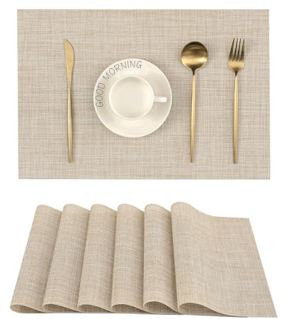 Leetaltree Woven Vinyl Beige Placemats Set of 6 - Linen Look & Easy to Clean