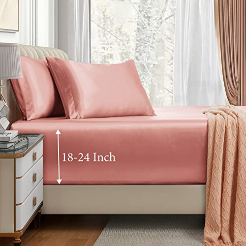 VACVELT 3pcs Queen Size Luxury Satin Fitted Sheet Set, Rose Gold, 18-24 Inch Deep Pocket Mattress, Silky Bedding Set Soft & Ultra Deep Fitted Sheet & 2 Pillowcases