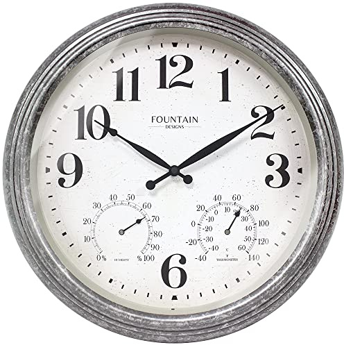 Fountain Designs Maison, orologio da esterno con termometro e igrometro, stazione meteorologica tutto in uno, finitura zincata, termometro/decorazione da parete, 45,7 cm