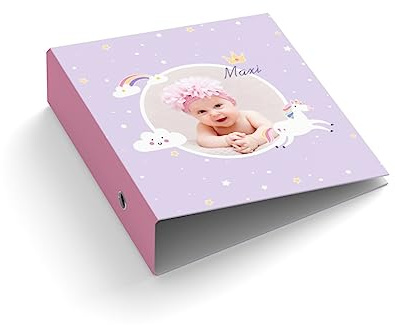 Ringordner personalisieren | Ordner | mit Foto + Name gestalten | Einhorn Regenbogen | viele Farben | Mit Griffloch | für DIN A4 | 7,4 cm breit | viele Farben | Baby | Geburt | Kinder (Lila)