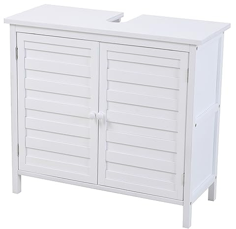 SVITA Waschbeckenunterschrank Badschrank mit Regal freistehend Badezimmerschrank Waschbeckenschrank Bambus Weiß