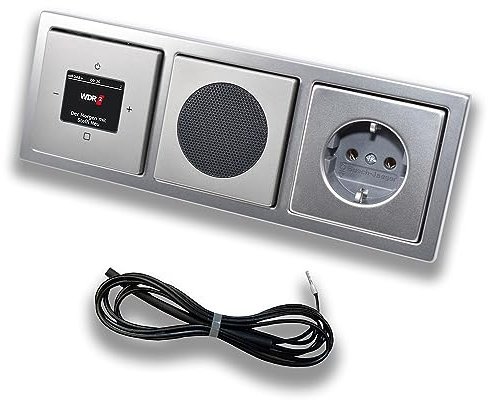 Busch Jäger DAB+ (DAB PLUS) Unterputz Radio 8215U-101 PUR Edelstahl, Set mit Lautsprecher, Abdeckungen, Steckdose, Rahmen + 0,9 m EBROM Wurfantenne zur Empfangsoptimierung - 8215 U – 101