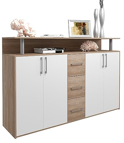Credenza Comò Con 3 Cassetti 4 Ante Battenti 1 Ripiano Aperto A Giorno Mobile Mobiletto Soggiorno Ingresso Salotto Sala Da Pranzo Design Moderno Monsaraz 139 x 90 x 34 Cm Colore Bianco E Rovere