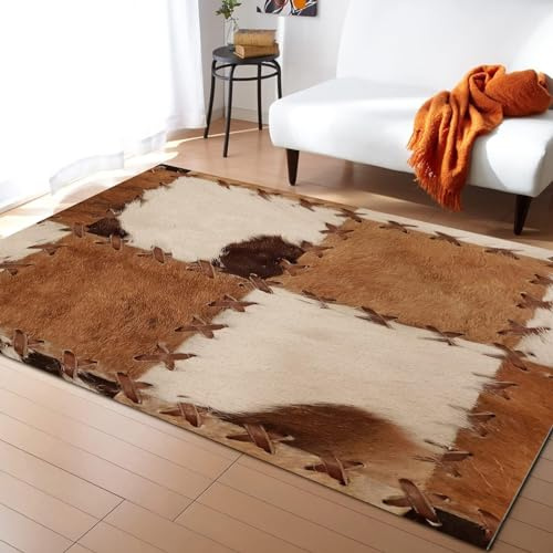 Dekoteppich aus Rindsleder, braun, Bauernhof, Vintage, 140 x 200 cm, Teppich für Schlafzimmer, Kurzflor, Fußmatte für den Innenbereich – für Schlafzimmer und Wohnzimmer