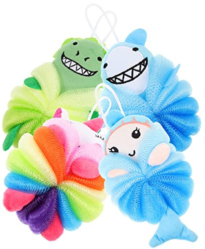 POPETPOP 4stücke Junge Mädchen Badebälle Cartoon Dusch Und Peelingbälle Für Babyhautpflege Weich Hautfreundlich Bunten Designs Einhorn Hai Dinosaurier Meerjungfrau Für Badespaß