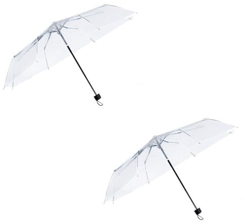 2 Pack Small Folding Set Rain Umbrellas Transparent PVC Wedding Brolly Clear Transparent Ladies Men Bride Bridesmaid Party Fashion Portable Mini See Through Dome For Events Walking Handbag Travel