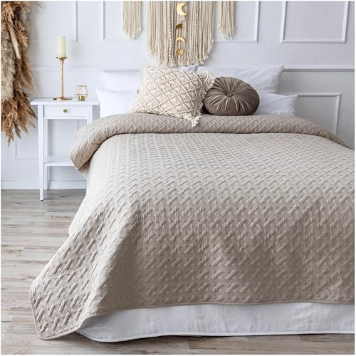 CalmyHOME Couvre-lit 220 x 240 cm - Beige lin - Jeté de lit - Jeté de canapé - Couverture de lit XXL - Couvre-lit matelassé