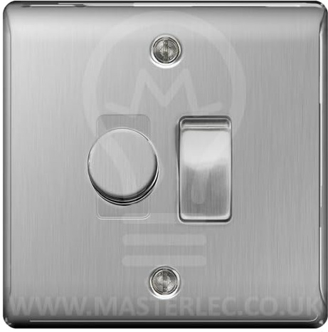 BG Brushed Steel 2 Gang Light Switch 1x Trailing Edge LED Dimmer 1x 2 Way Custom Switch