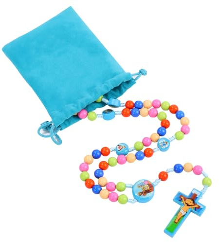 Risipu Chapelet coloré pour apprendre à prier - Chapelet coloré pour enfants avec pochette cadeau en velours pour Noël, Pâques et baptême catholique, Bois