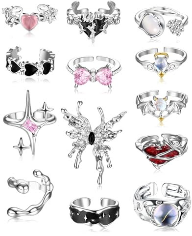 Krfy 13 Stück Y2K Ring Set für Frauen Mädchen Kinder - Stressabbau Fidget Verstellbar Boho Stapel Silber Ringe Damen