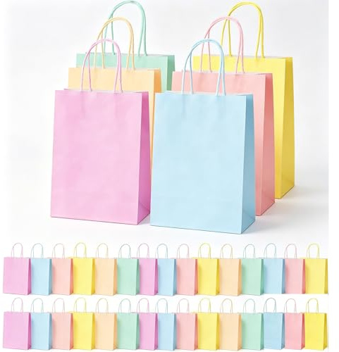 30 Stück Papiertüten Bunt mit Henkel Geschenktüten Klein Papier 22x16x8cm, Robuste Tüten Krafttaschen Taschen für Kindergeburtstag, Hochzeiten, Verpackungen, Partys, Weihnachten,Süßigkeiten, DIY