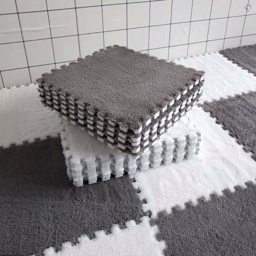 LULUMAIC Puzzle-Bodenmatte aus Plüschschaum, 50 Stück ineinandergreifende quadratische Teppichfliesen, Teppiche, Bodenfliesen, leicht zu reinigen, Schlafzimmer, Spielzimmer (grau + weiß)