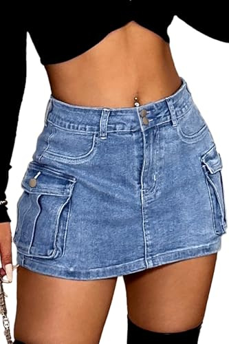 ELLEVEN Mini Cargo Skort for Women High-Stretch Denim Short Y2K Low Waist Women's Jean Skirt Casual Trendy Summer Skort with Pockets Going Out Denim Blue Medium