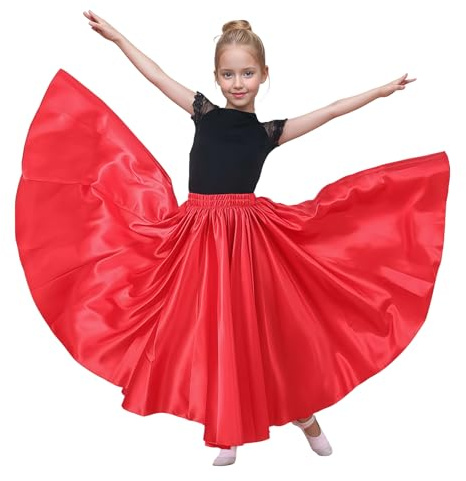 Baisdan Gonna per Danza del Ventre per Ragazze, Gonna Lunga in Raso Cerchio Completo per Danza del Ventre, Costume da Ballo Flamenco,Rosso 8-12 Anni