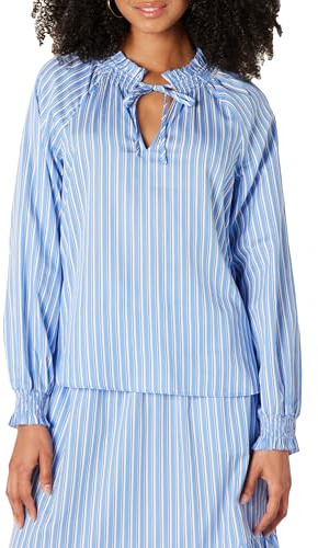 Amazon Essentials Blusa in Raso di Cotone con Collo Arricciato, Vestibilità Comoda Donna, Blu Bianco Righe, XS