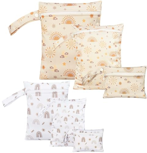 GOMETY 6 Stück Nasstasche Kindergarten Wetbag, Stoffwindeln Nasstaschen Nassbeutel für Badesachen Wiederverwendbare Wet Bag Schwimmen, Cartoon-Druck Windeltasche mit Reißverschluss Wetbags für Baby