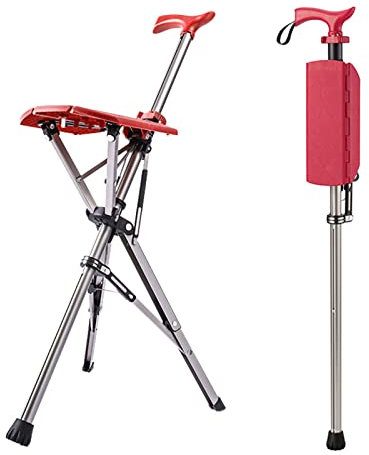 Tragbarer, faltbarer Gehstock mit 180 kg Kapazität, roter Aluminiumhocker für ältere Menschen, höhenverstellbar, Gehstock mit Krückenstuhl, Sitz, hohes Unisex-Design