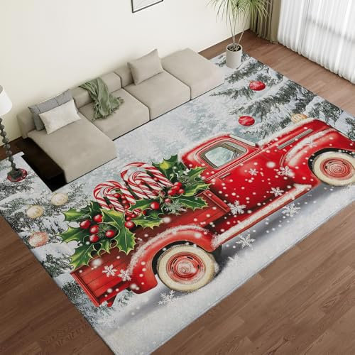 NAWVNMI Teppiche für Wohnzimmer, 150 x 210 cm, maschinenwaschbar, für Schlafzimmer, roter Autoteppich, Weihnachtskranz-Teppiche, rutschfest, flauschig, für Wohnzimmer und Schlafzimmer
